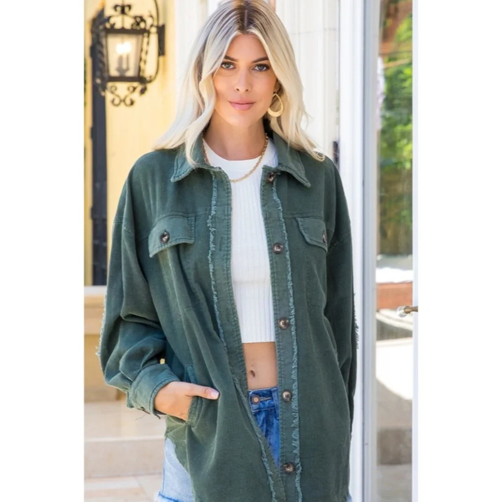 SOLD OUT Olive Green Corduroy Washed Shacket Oversized Relaxed Casual Jacket - Picture 2 of 4
